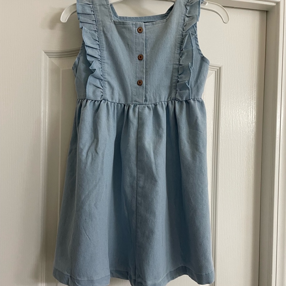 Girls ruffle trim square neck denim dress